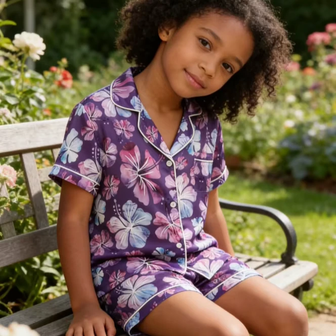 Kids Fashion Purple Hibiscus Satin Short PJ Set Baby Girls Spring Summer Pajamas Button Down Short Set product image 1
