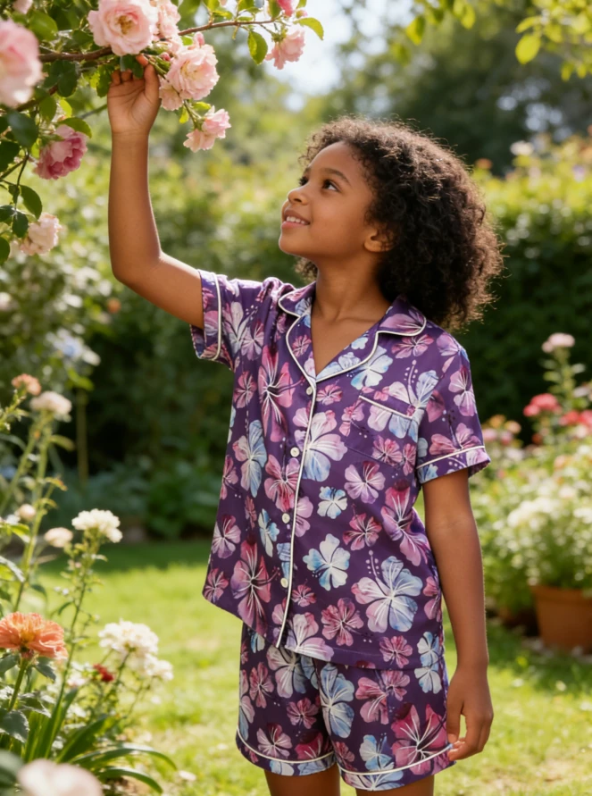 Kids Fashion Purple Hibiscus Satin Short PJ Set Baby Girls Spring Summer Pajamas Button Down Short Set product image 3