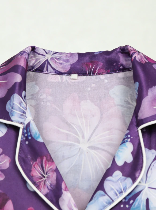 Kids Fashion Purple Hibiscus Satin Short PJ Set Baby Girls Spring Summer Pajamas Button Down Short Set product image 4