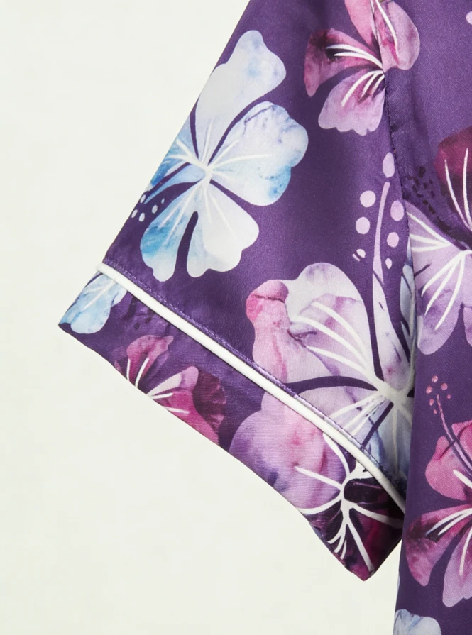 Kids Fashion Purple Hibiscus Satin Short PJ Set Baby Girls Spring Summer Pajamas Button Down Short Set product image 6