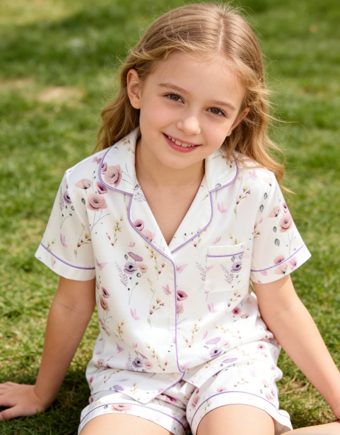 Children Edge Of The Meadow Satin Short PJ Set Kids Summer Pajamas Button Down Short Clothing Set product image 1