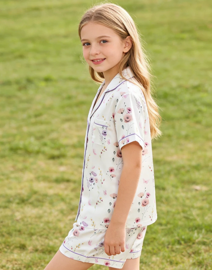 Children Edge Of The Meadow Satin Short PJ Set Kids Summer Pajamas Button Down Short Clothing Set product image 2