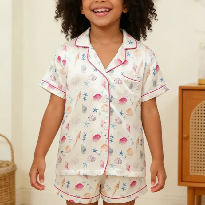 Children Seashells Satin Short PJ Set Kids Summer Pajamas Little Girl Soft Short Button Down Clothing Set product image 1