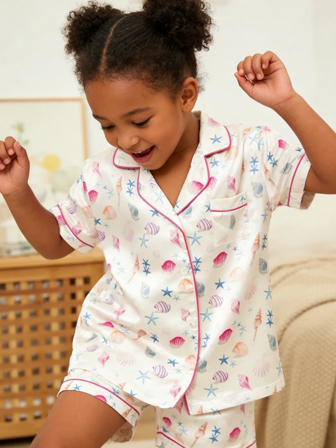 Children Seashells Satin Short PJ Set Kids Summer Pajamas Little Girl Soft Short Button Down Clothing Set product image 3