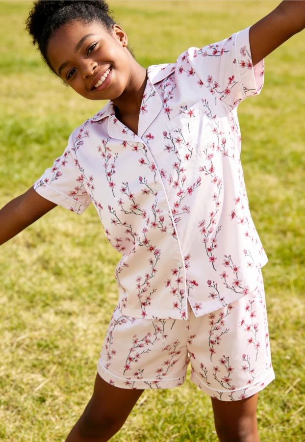 Children Cherry Blossom Satin Short Pajamas Set Kids Summer Pajamas Short Clothing Set product image 2