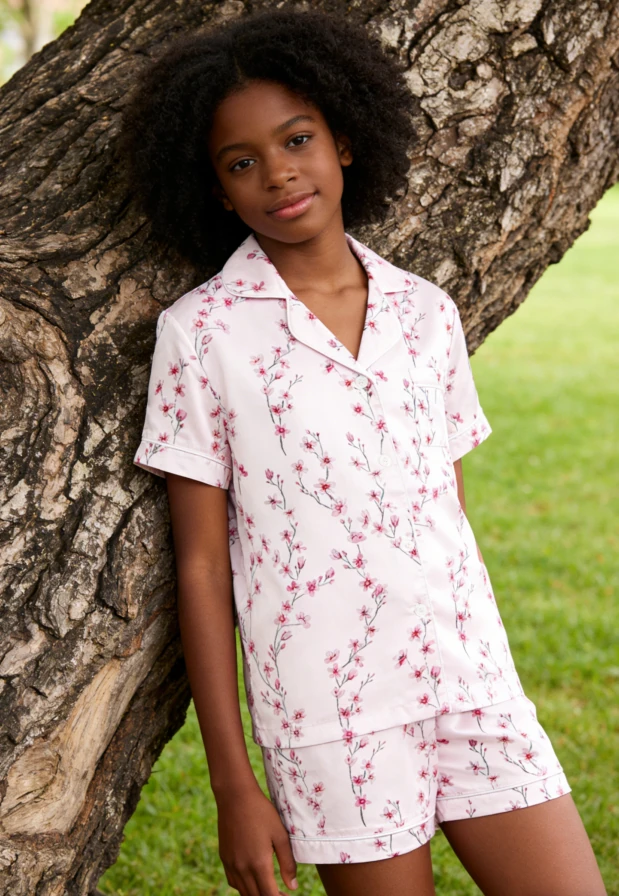 Children Cherry Blossom Satin Short Pajamas Set Kids Summer Pajamas Short Clothing Set product image 3