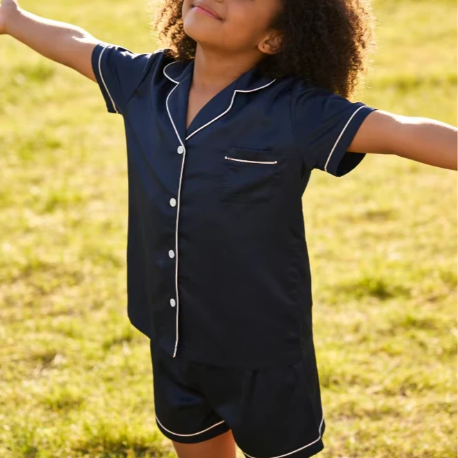 Baby Girls Solid Navy Satin Short Pajamas Set Summer PJ Button Down Short Set product image 1