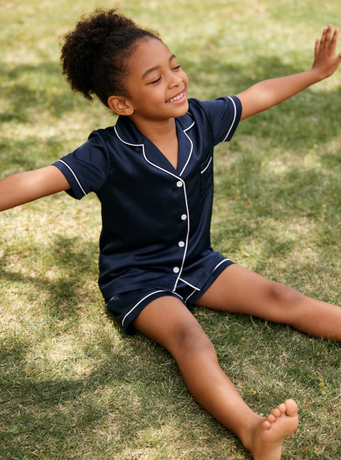 Baby Girls Solid Navy Satin Short Pajamas Set Summer PJ Button Down Short Set product image 2