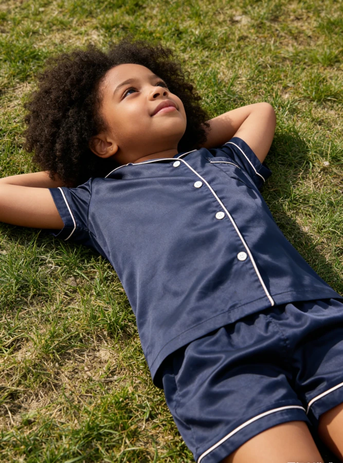 Baby Girls Solid Navy Satin Short Pajamas Set Summer PJ Button Down Short Set product image 3