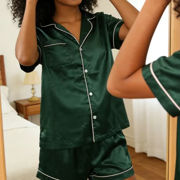 Children Forest Green Satin Satin Short Pajamas Set Kids Summer Pajamas Short Clothing Set product image 1
