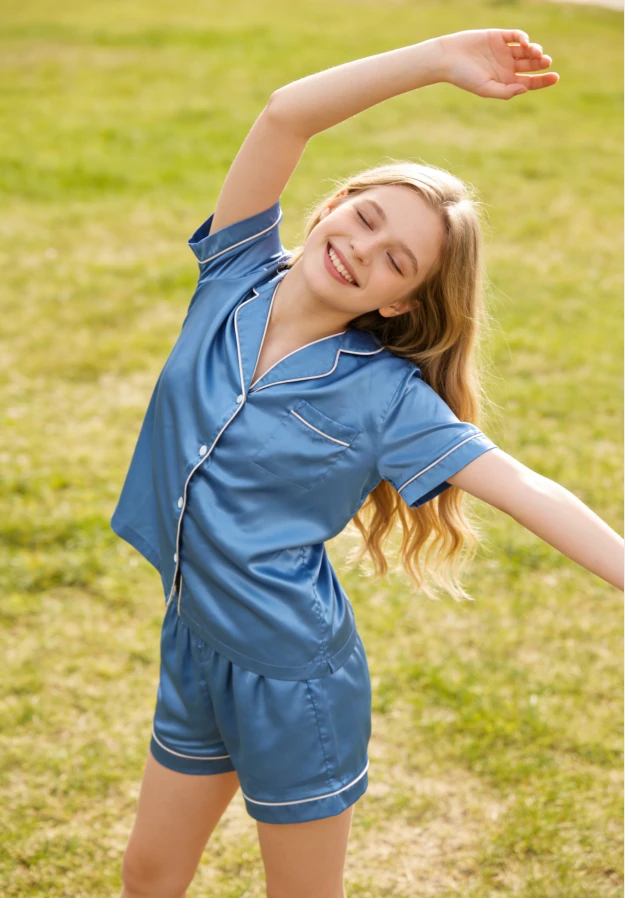Baby Girls Royal Blue Satin Short Pajamas Set Kids Summer PJ Button Down Short Set product image 3