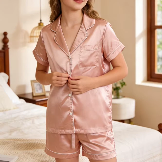 Fashion Girls Rose Pink Satin Short Pajamas Set Children Summer PJ Button Down Short Set product image 1