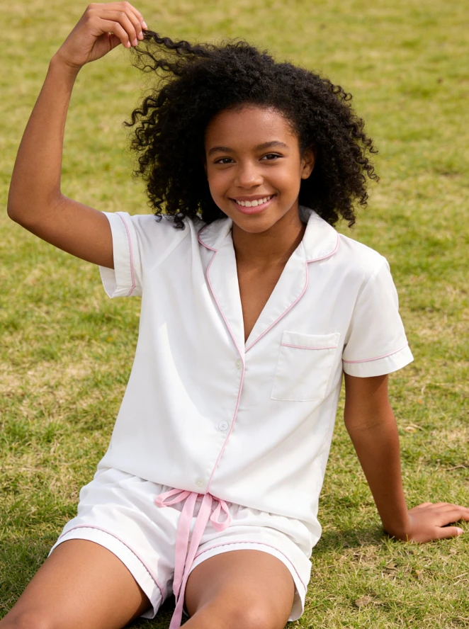 Baby Girls White Matte Satin Short Pajamas Set Kids Summer PJ Button Down Short Set product image 3