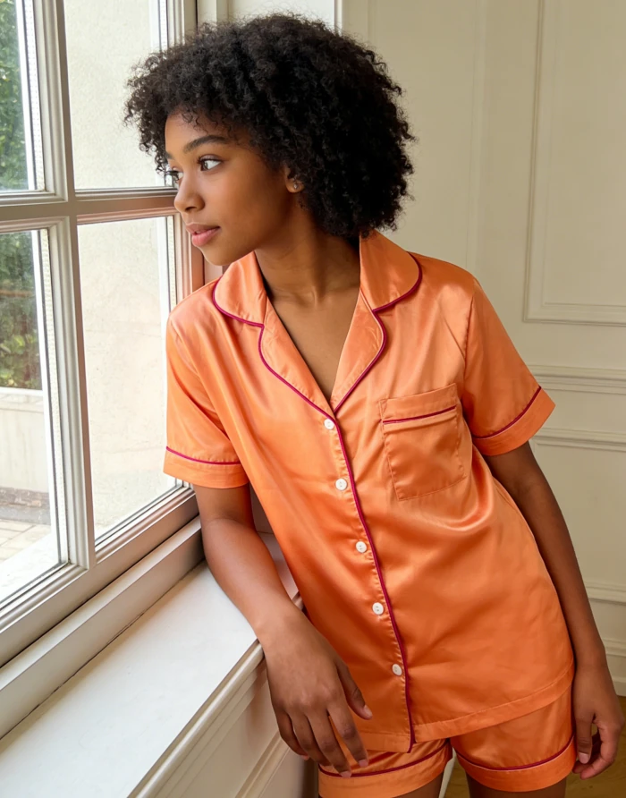 Baby Girls Orange Satin Short Pajamas Set Kids Solid Button Down Short Set product image 1