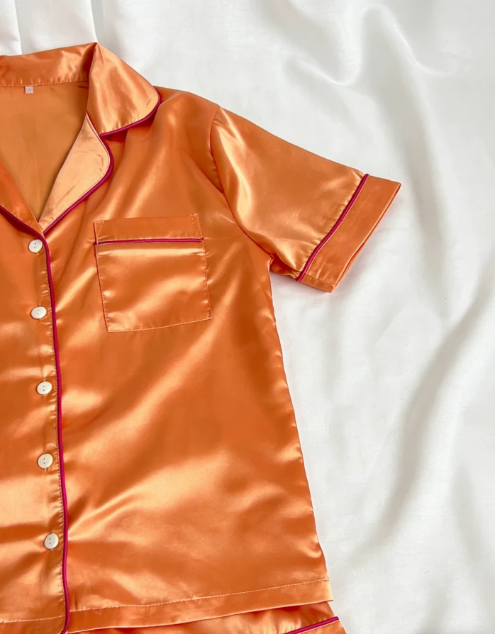 Baby Girls Orange Satin Short Pajamas Set Kids Solid Button Down Short Set product image 6