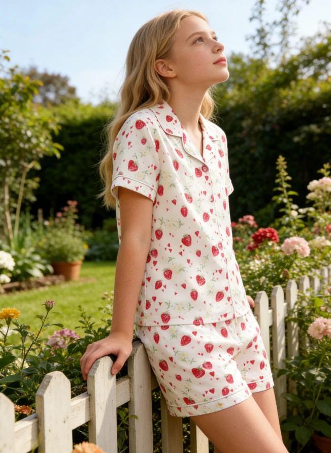 Baby Girls Strawberries Satin Short Pajamas Set Kids Button Down Short Set product image 2
