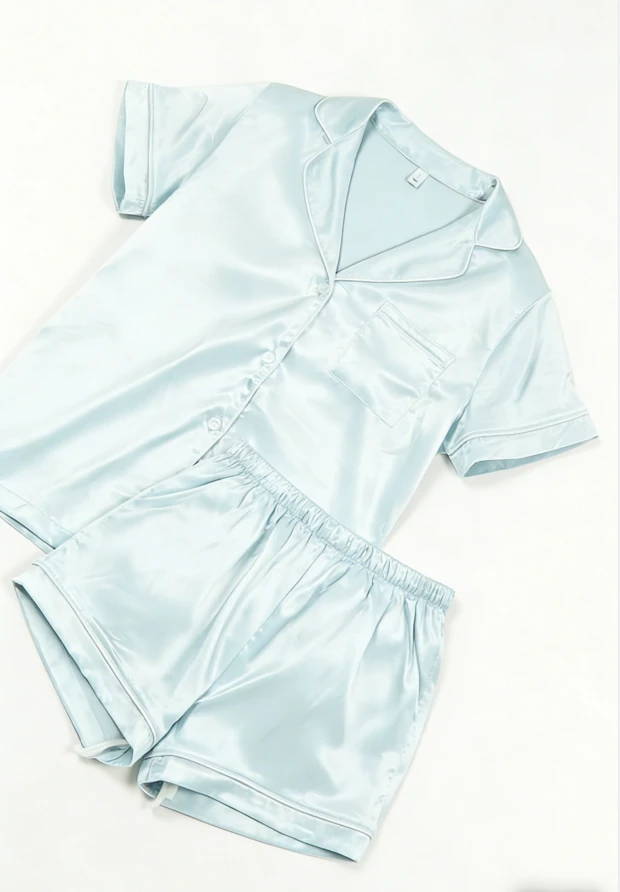 Baby Girls Light Blue Satin Short Pajamas Set Children Summer PJ Button Down Short Set product image 6