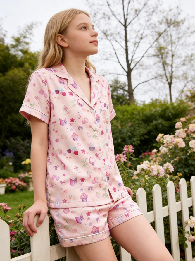 Baby Girls Girls Night in Short Satin Short Pajamas Set Summer PJ Button Down Short Set product image 3