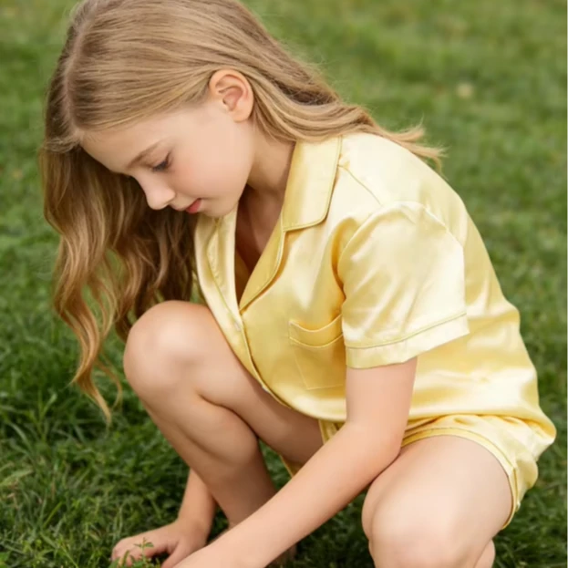 Baby Girls Golden Ticket Satin Short Pajamas Set Baby Girls Summer Short Button Down Set product image 1