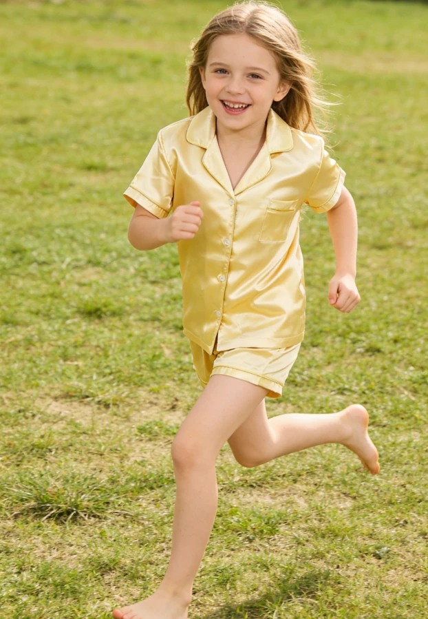 Baby Girls Golden Ticket Satin Short Pajamas Set Baby Girls Summer Short Button Down Set product image 3
