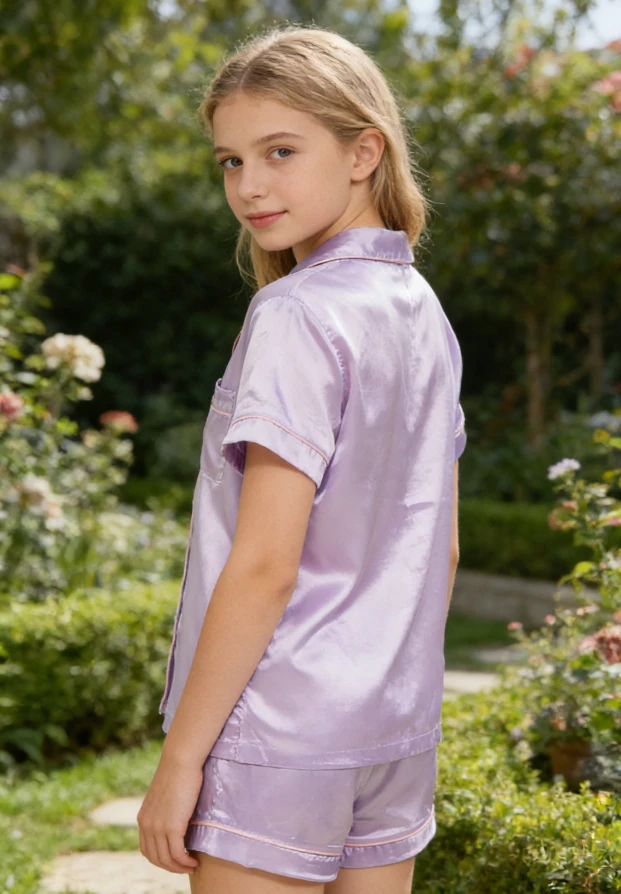 2027 Children Lilac Satin Satin Short PJ Set Girls Summer Pajamas Short Set product image 3