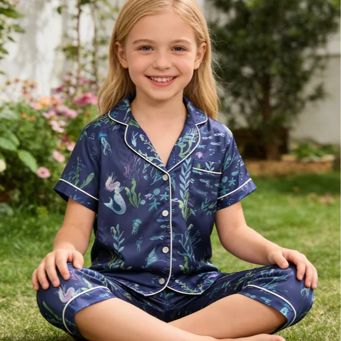 Baby Girls Deep Sea Navy Satin Short Pajamas Set Summer PJ Button Down Short Set product image 2