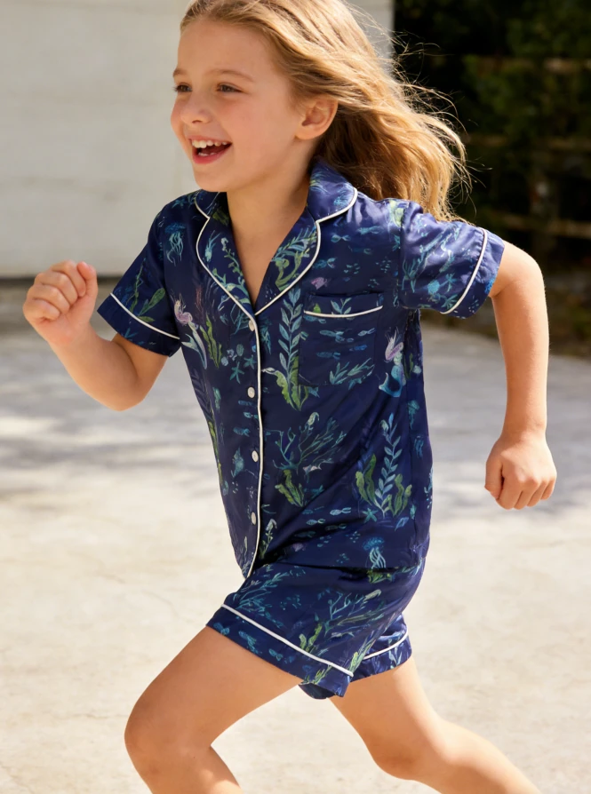 Baby Girls Deep Sea Navy Satin Short Pajamas Set Summer PJ Button Down Short Set product image 3
