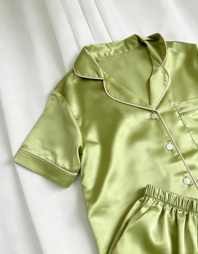 New Sage Green Satin Short Pajamas Set Kids Summer Button Down Set product image 6