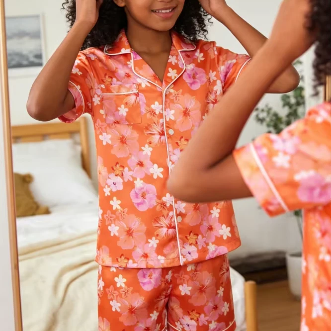 Baby Girls Hawaiian Daze Orange pyjamas Satin Short Pajamas Set Kid Button Down Short Set product image 1