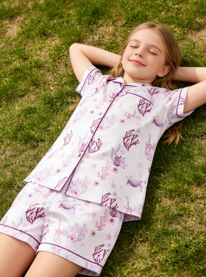 Baby Girls Lilac Coral Garden Satin Short Sleeve PJS Set Kid Button Children Spring Comfortable Breathable Matching Pajamas product image 2