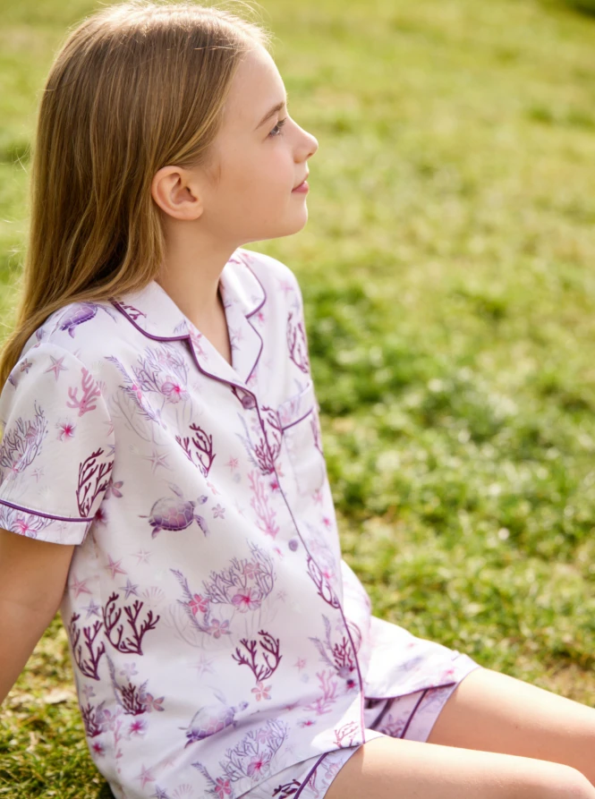 Baby Girls Lilac Coral Garden Satin Short Sleeve PJS Set Kid Button Children Spring Comfortable Breathable Matching Pajamas product image 4