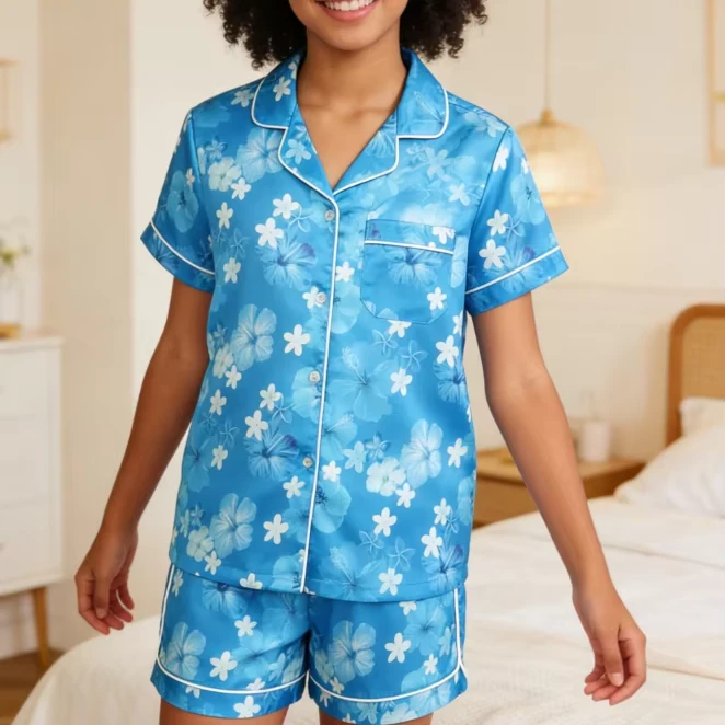 Baby Girls Hawaiian Daze Blue Satin Short Pajamas Set Kid Sleepwear Set product image 1
