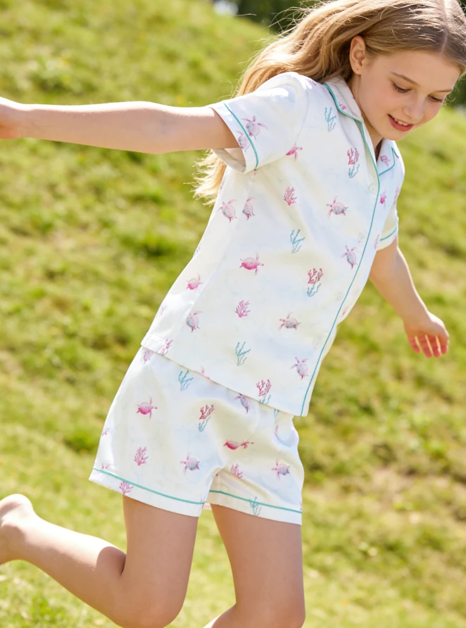 New Print Baby Girls White Turtles Satin Short Pajamas Sets Kid Spring Summer Button Down Short Set Toddler Matching Pajama product image 2