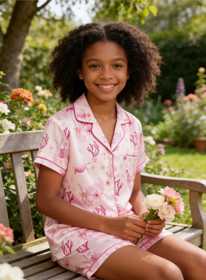 Baby Girls Pink Coral Garden Satin Pajamas Set Kids Button Down Short Set Toddler Pajama Sets product image 3