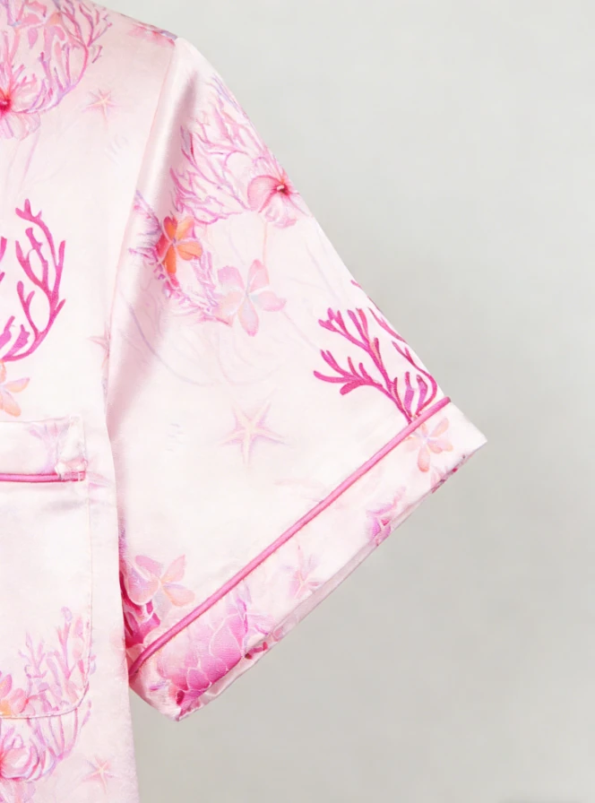 Baby Girls Pink Coral Garden Satin Pajamas Set Kids Button Down Short Set Toddler Pajama Sets product image 6