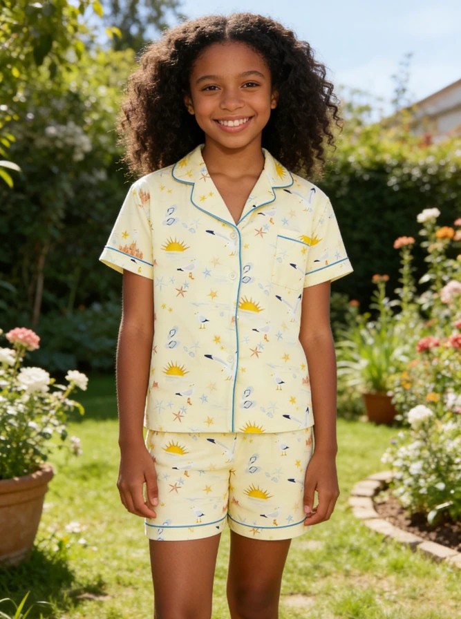 New Fashion Baby Girls Sand Castles Satin Short Pajamas Sets Children Summer Button Down Short Set Toddler Pajama product image 3