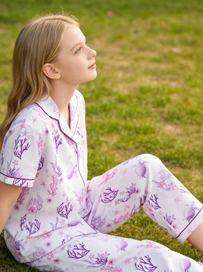 Girls Lilac Coral Garden Satin Short Pajamas Sets Kids Summer Pajama Loungewear product image 2