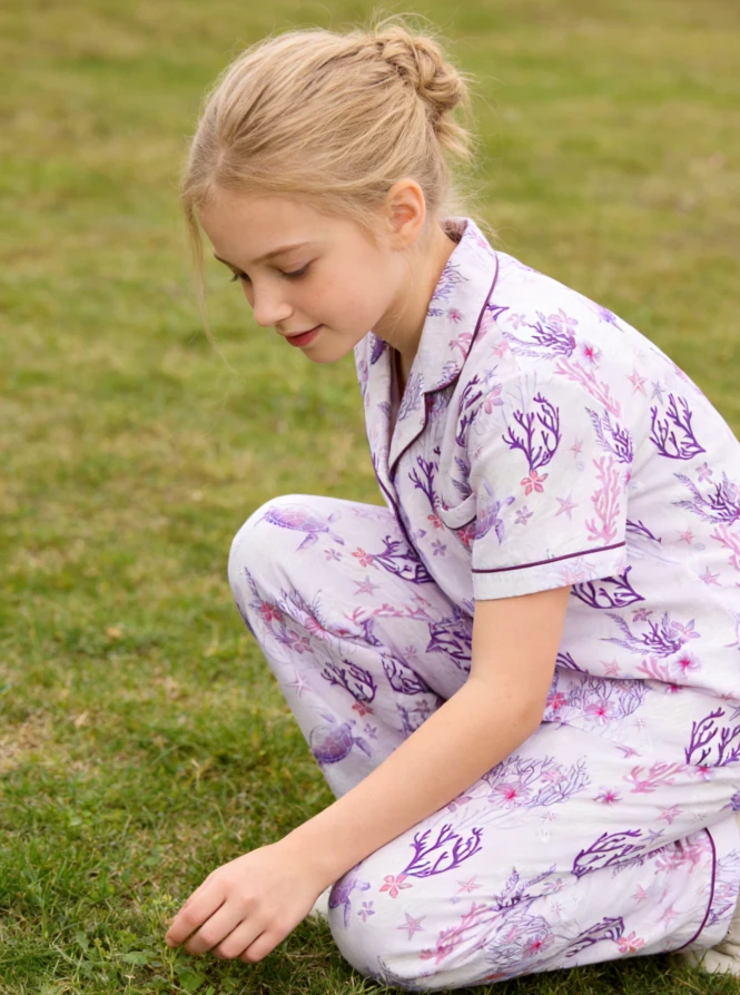 Girls Lilac Coral Garden Satin Short Pajamas Sets Kids Summer Pajama Loungewear product image 3