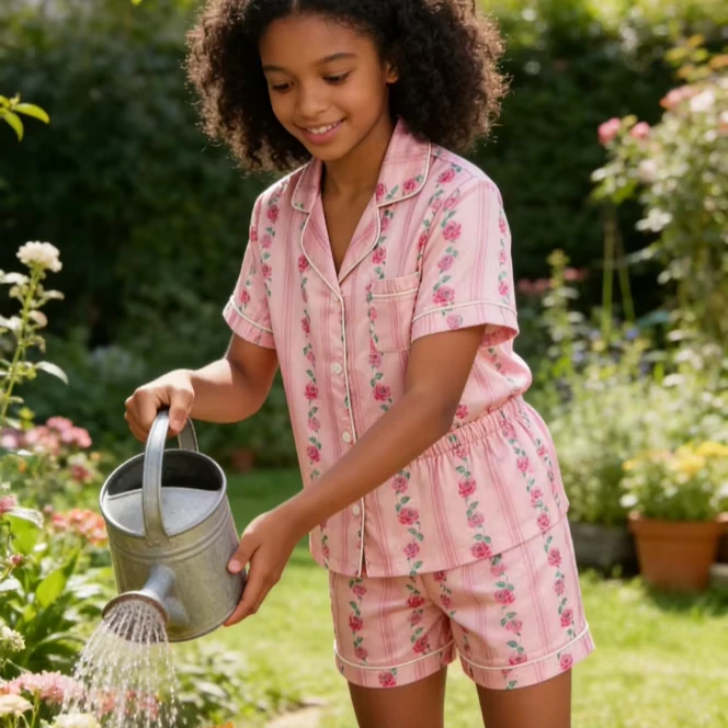 Baby Girls Sugar Blossom Satin Short Pajamas Sets Kids Spring Summer Button Down product image 1