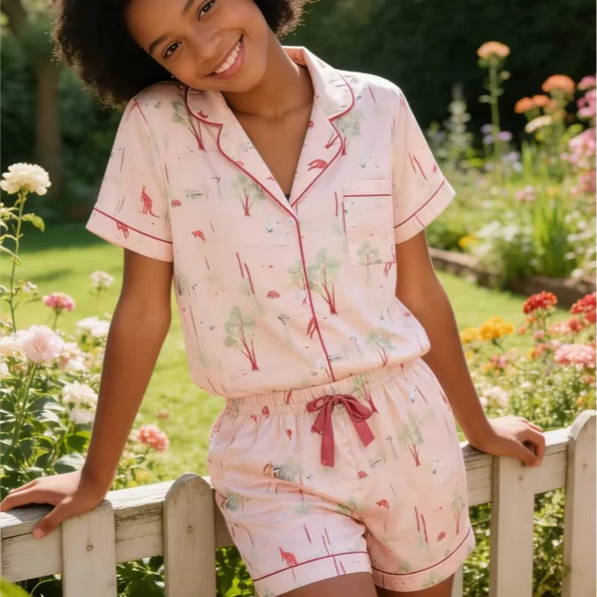 Girls Summer Satin Short Pajamas Sets Kids Button Down Short Set For Sale product image 1