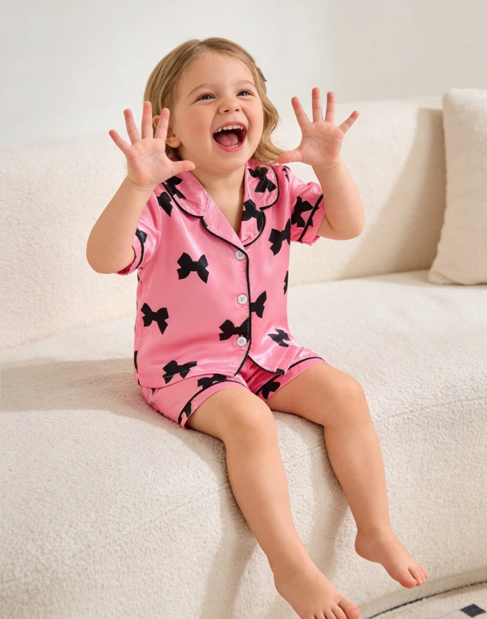 Baby Girl Bow Satin Pyjama Children Pajamas Satin Loungewear Sets Kids Spring Summer Button Down product image 1