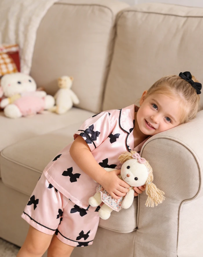 Baby Girl Bow Satin Pyjama Children Pajamas Satin Loungewear Sets Kids Spring Summer Button Down product image 2