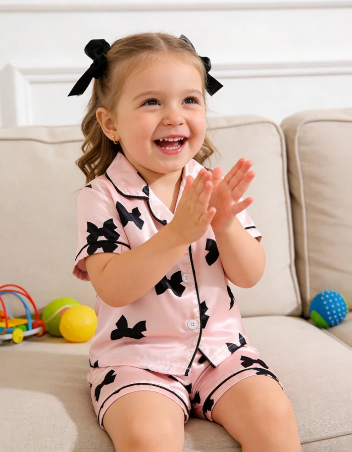 Baby Girl Bow Satin Pyjama Children Pajamas Satin Loungewear Sets Kids Spring Summer Button Down product image 3