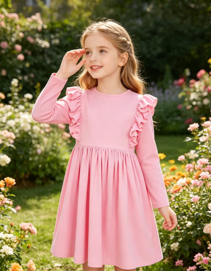 Solid Color High Quality Baby Girls Toddlers Bubblegum Pink LS Ruffle Twirl Dress product image 1