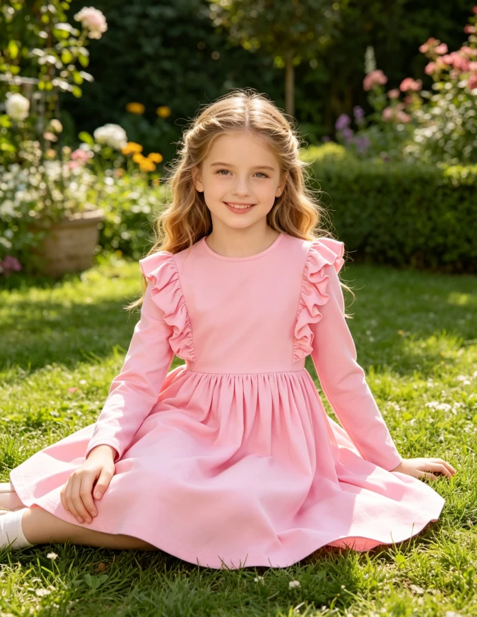 Solid Color High Quality Baby Girls Toddlers Bubblegum Pink LS Ruffle Twirl Dress product image 2