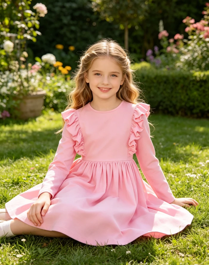 Solid Color High Quality Baby Girls Toddlers Bubblegum Pink LS Ruffle Twirl Dress product image 3