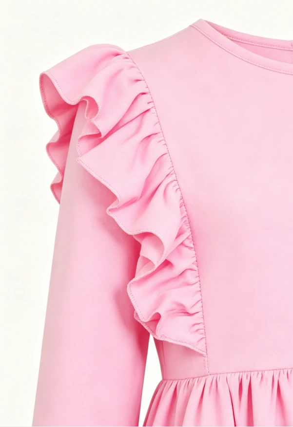 Solid Color High Quality Baby Girls Toddlers Bubblegum Pink LS Ruffle Twirl Dress product image 5