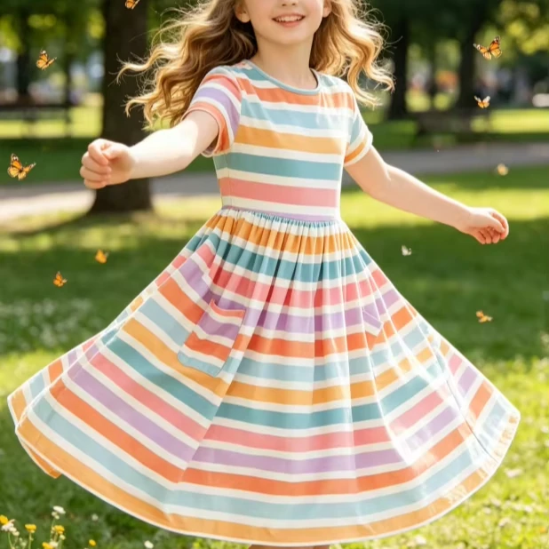 Milk Silk Custom Print Fashion Baby Girls Spring Stripes SS Pocket Twirl Dress product image 1