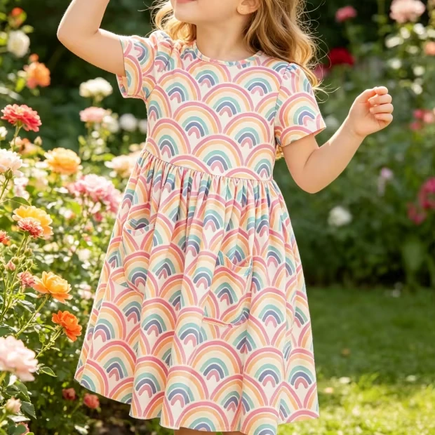 Trendy Milk Silk Baby Girls Watercolor Rainbows SS Pocket Twirl Dress product image 1