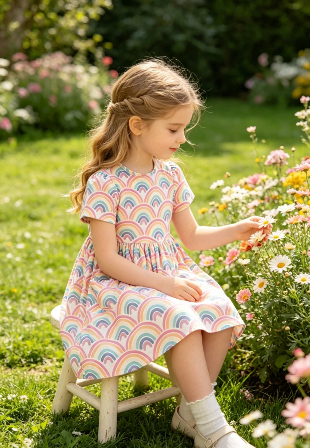 Trendy Milk Silk Baby Girls Watercolor Rainbows SS Pocket Twirl Dress product image 3